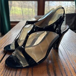 Unlisted Black Patent T-Strap Slingback Heels